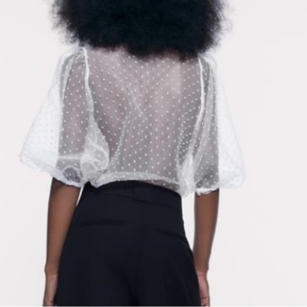 ZARA Elegant White Sheer Polka Dot Blouse TOP LARGE - Picture 4 of 11